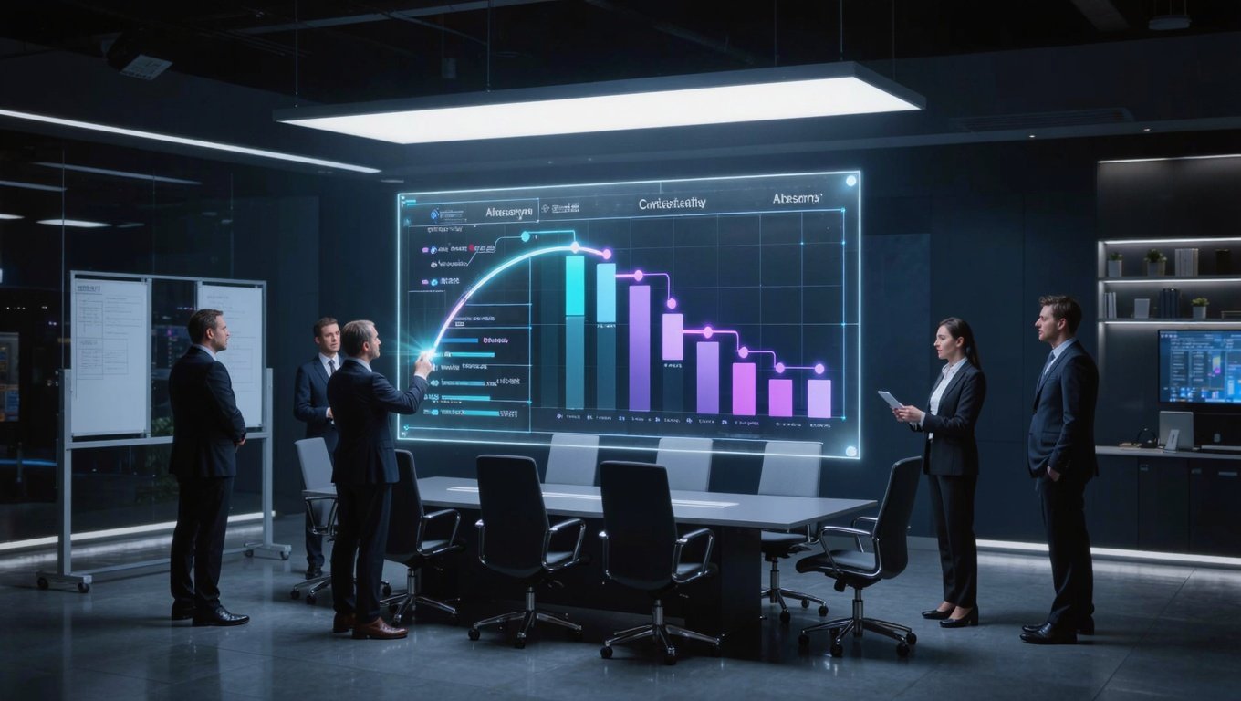 Consultants around a holographic project roadmap with milestone nodes and dependency lines
