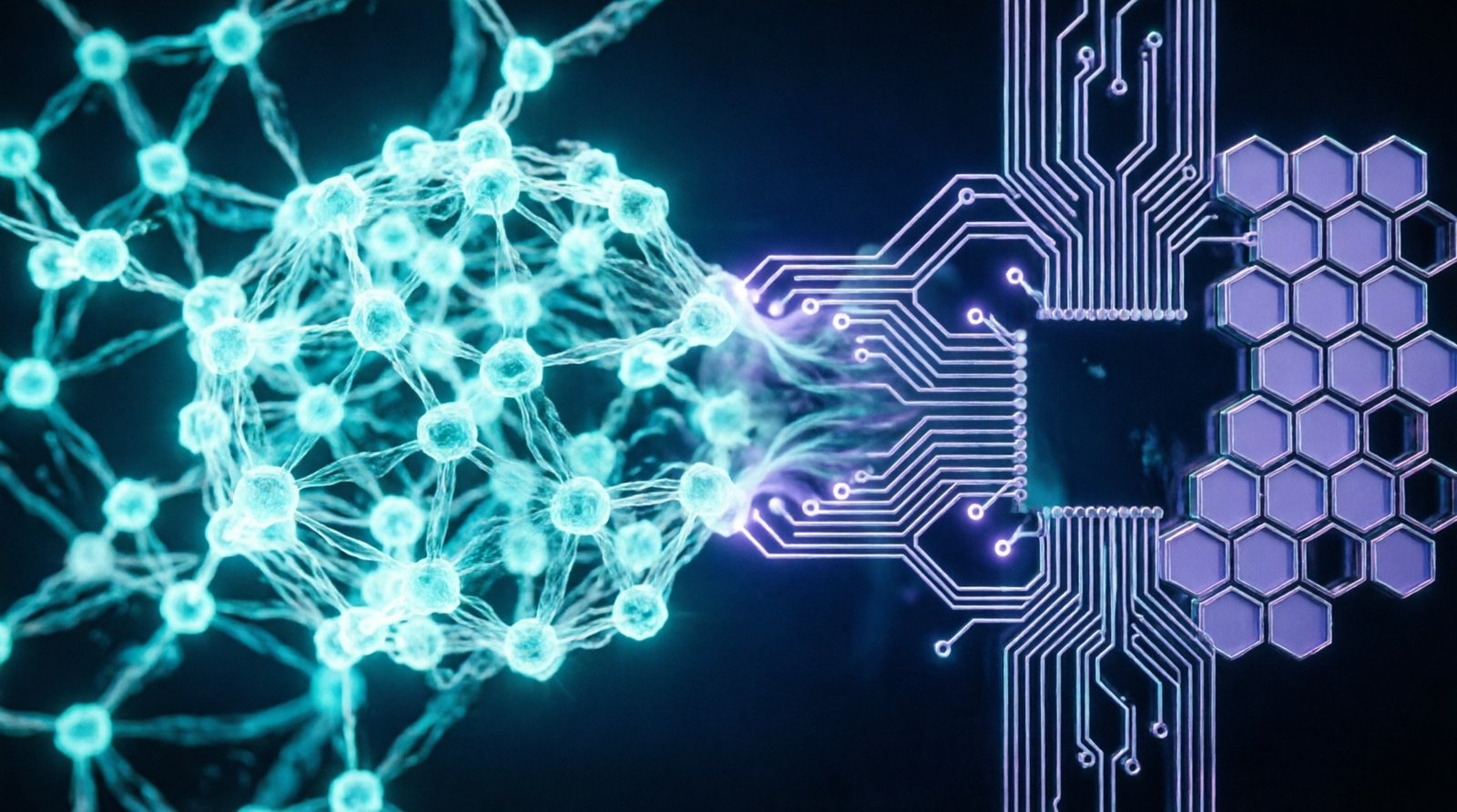Abstract visualization of adaptive AI neural networks merging with deterministic circuit logic