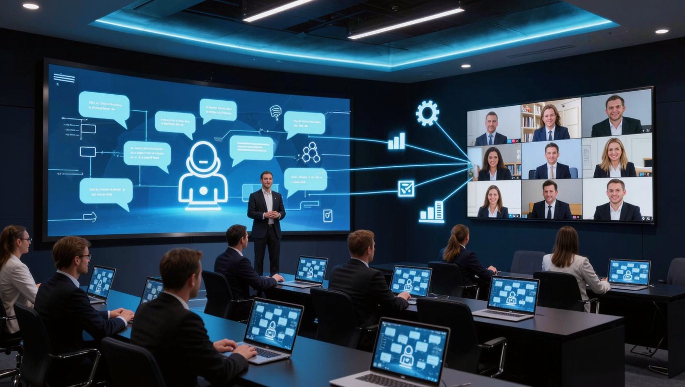 Hybrid AI training session with professionals at workstations and live online participants on screen